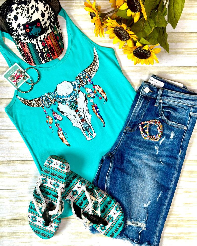 Shop Envi Me It's T-shirt Kinda Day **Restock** The Boho Turquoise Steer Tank 2.4