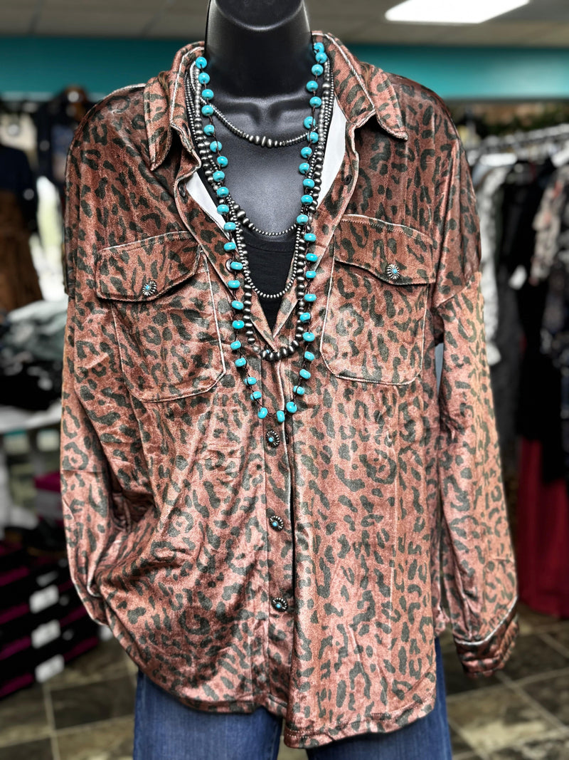 Shop Envi Me Cardigans and Kimonos The Cheetah Velvet Minnetonka Shacket Jacket