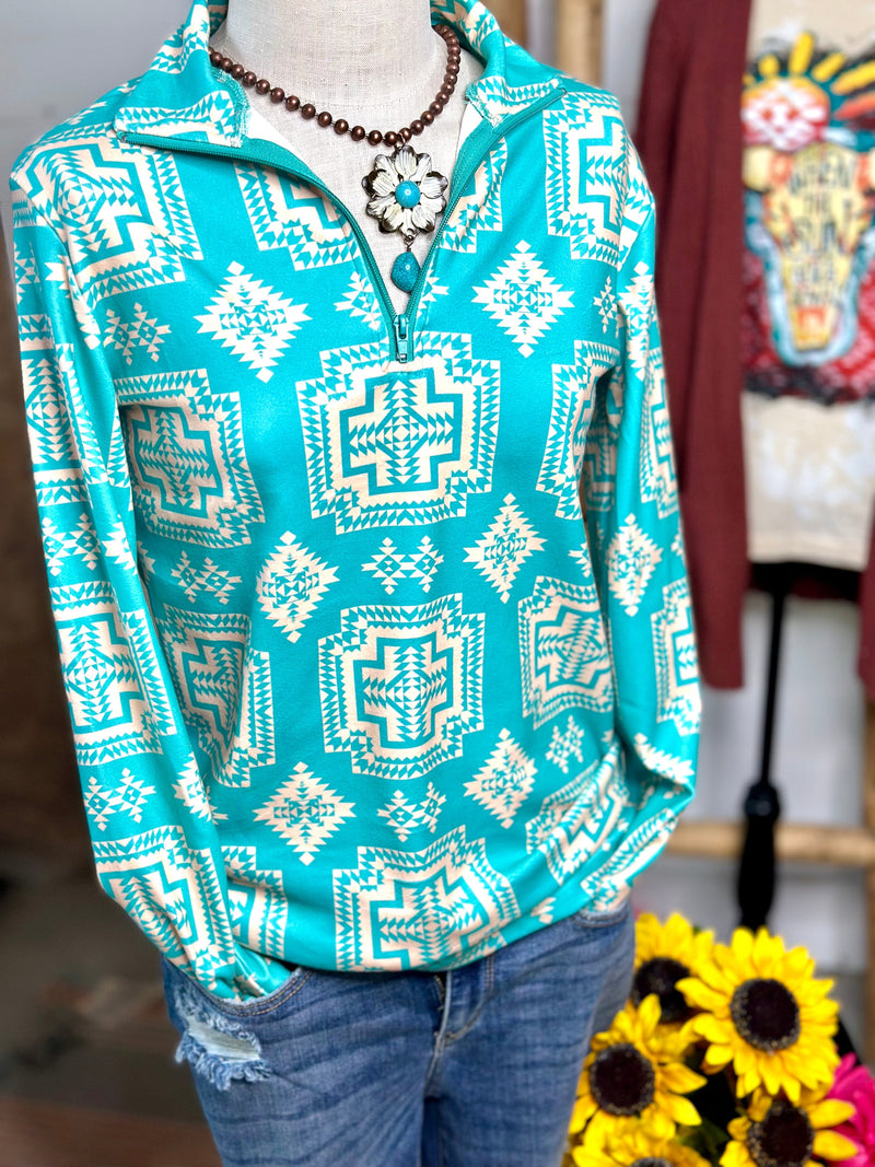 The Turquoise On The Mesa Quarter Zip Aztec Pullover – Shop Envi Me
