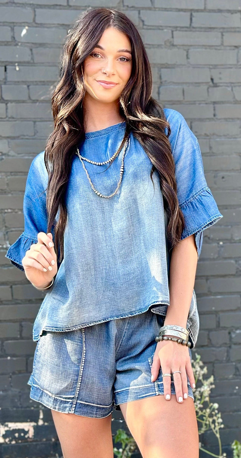 Shop Envi Me Tops and Tunics The Rodeo Ruffle Chambray Denim Top