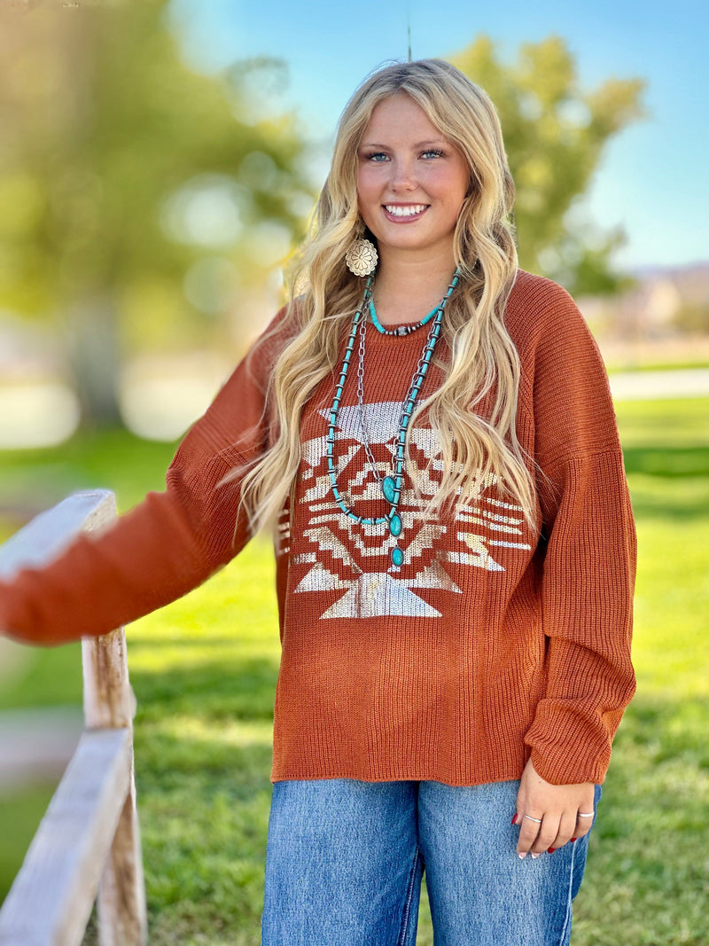 Shop Envi Me Cardigans and Kimonos The Rust & Gold Metallic Aztec Santaquin Sweater