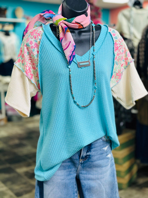 Shop Envi Me tops The Spring Turquoise Floral Sleeve V Neck Top