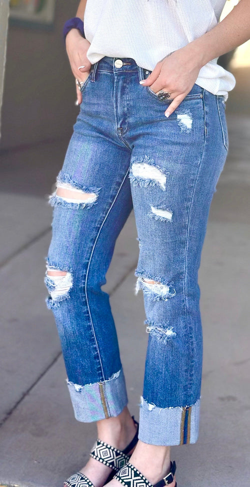 Vervet Bottoms The Summer Cuffed Distressed Risen Ankle Crop Denim