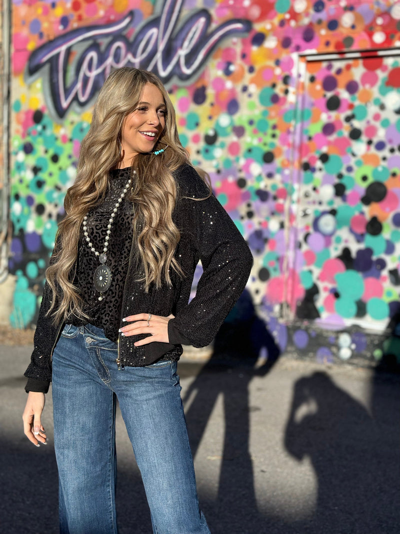 The Vegas City Lights Black Sequin Bomber Jacket – Shop Envi Me