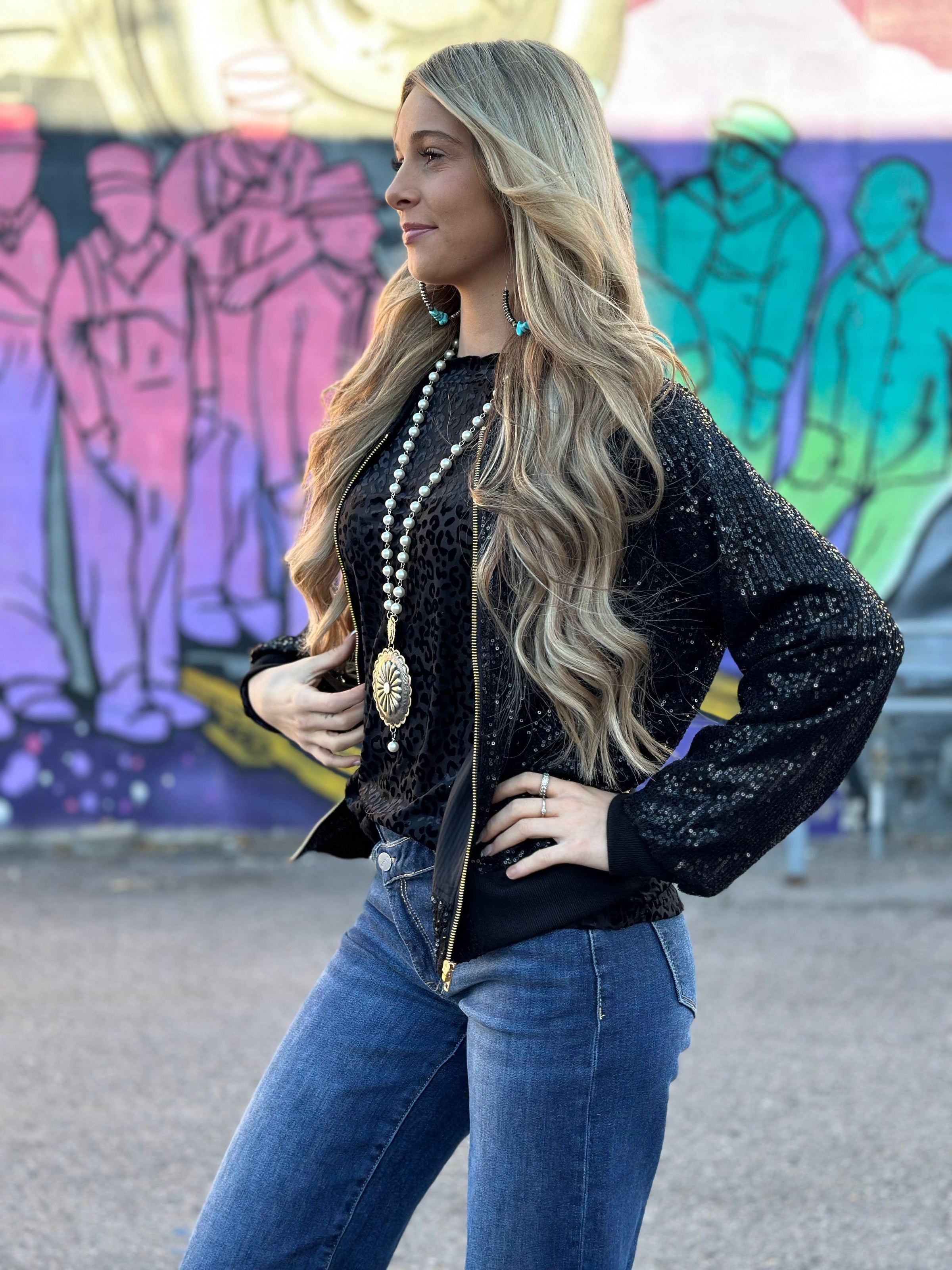 The Vegas City Lights Black Sequin Bomber Jacket M