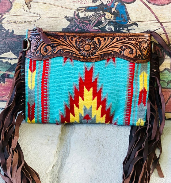 Alamosa Fringe Crossbody Clutch, Turquoise