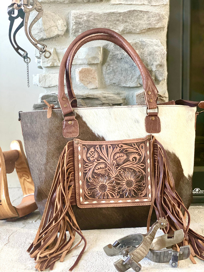 BROWN LEATHER CROSSBODY Western Tooled Leather Cowhide Clutch